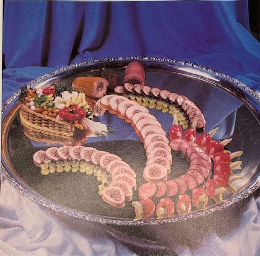 A tray of food on a table.