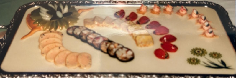 A tray of food on a table.