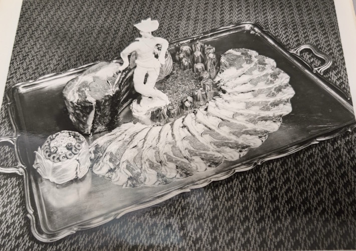 A tray of food on a table.