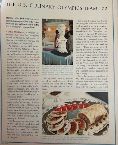 A newspaper with a picture of food and a statue.