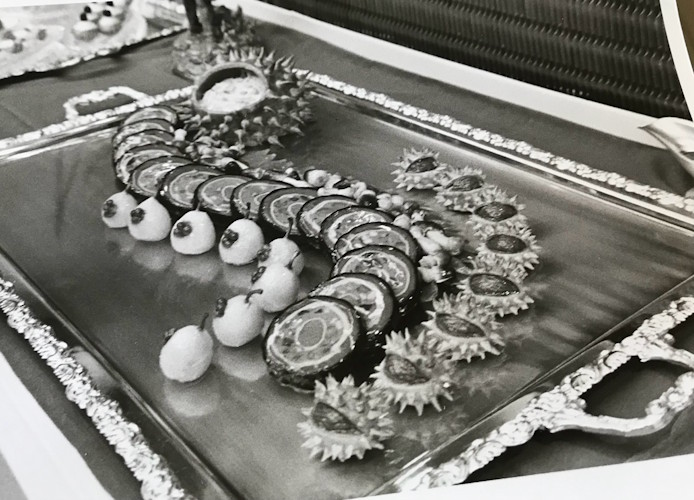 A close-up of food on a tray.