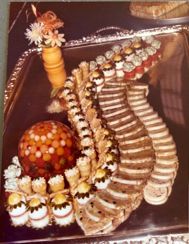 A tray of food on a table.